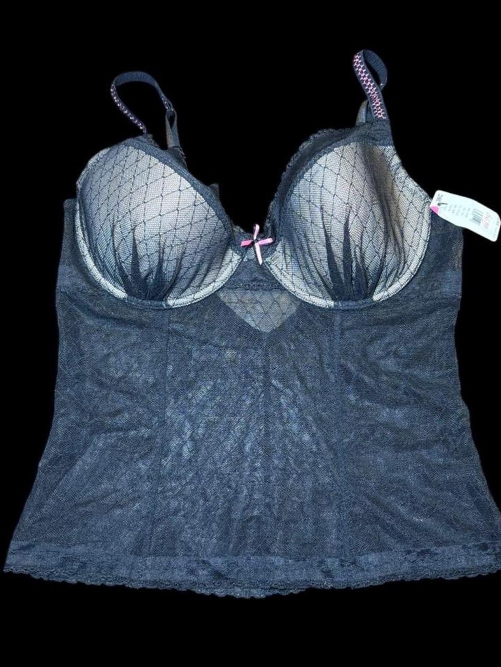 Betsey Johnson Black Lace Chemise with Pink Bow Accent